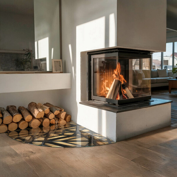 Fjärdedelscirkel glasskiva under kamin Geometri med trä