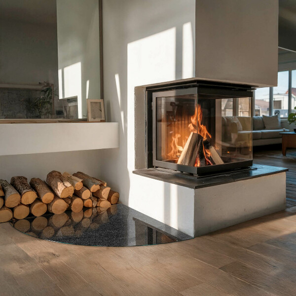 Fjärdedelscirkel glasskiva under kamin Stenytans struktur