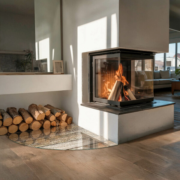 Fjärdedelscirkel glasskiva under kamin Naturliga träplankor