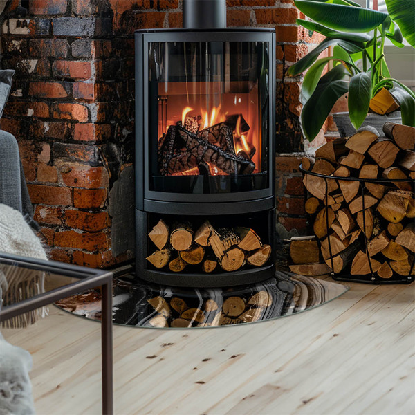 Fjärdedelscirkel glasskiva framför öppen spis Abstrakta vågor och linjer