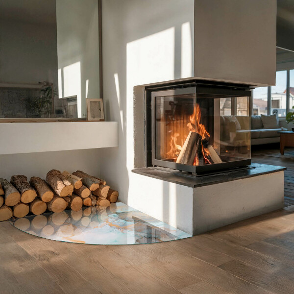 Fjärdedelscirkel glasskiva framför öppen spis Abstrakt flytande mönster