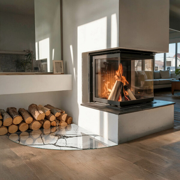 Fjärdedelscirkel glasskiva under kamin Marmorådringar