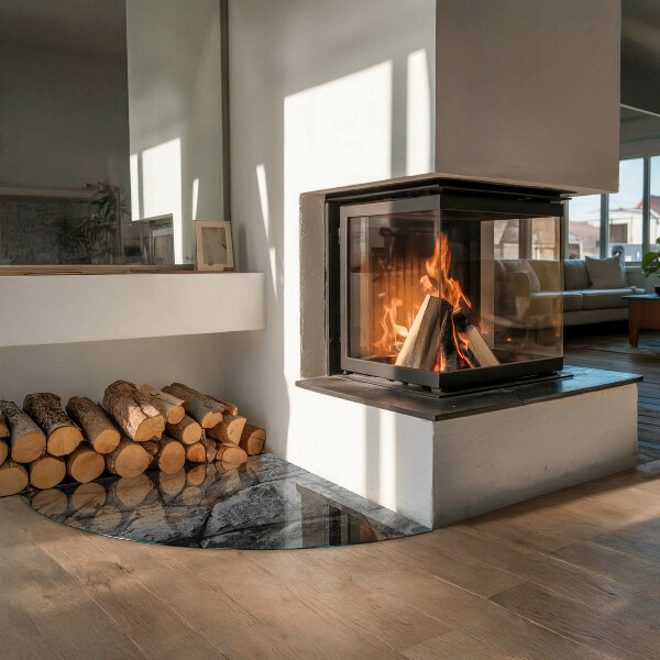 Fjärdedelscirkel glasskiva under braskamin Naturligt stenmönster