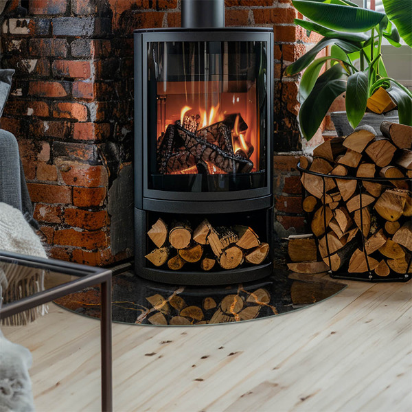 Fjärdedelscirkel glasskiva framför öppen spis Elegant marmor med ådringar