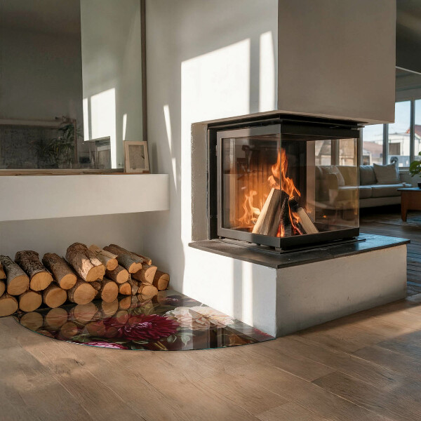 Fjärdedelscirkel glasskiva framför öppen spis Blombukett i detalj