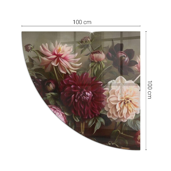 Fjärdedelscirkel glasskiva framför öppen spis Blombukett i detalj