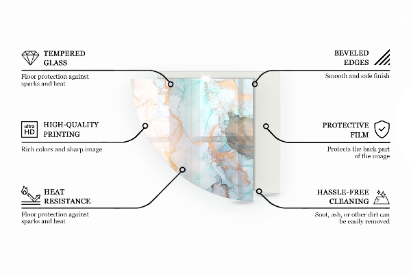 Fjärdedelscirkel glasskiva under braskamin Tropiska blad i bakgrunden
