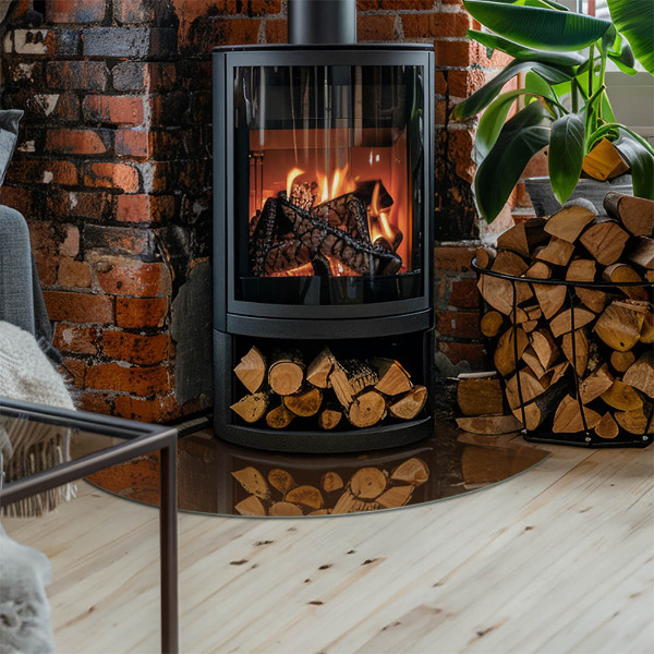 Fjärdedelscirkel glasskiva framför öppen spis Färg Brun