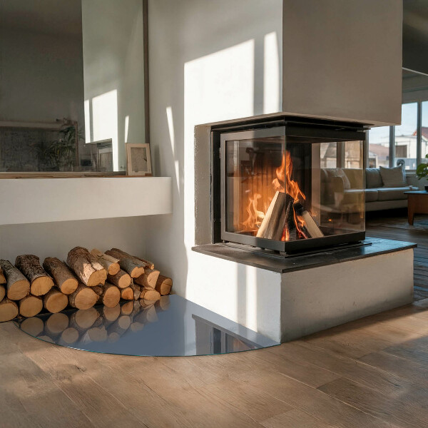 Fjärdedelscirkel glasskiva under kamin Färg Mörkblå