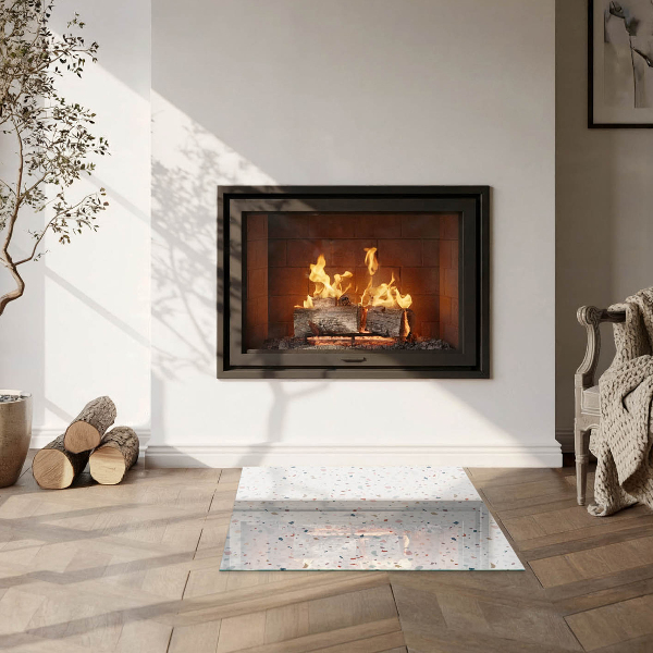 Kvadratisk glasskiva framför öppen spis Mönster med små former