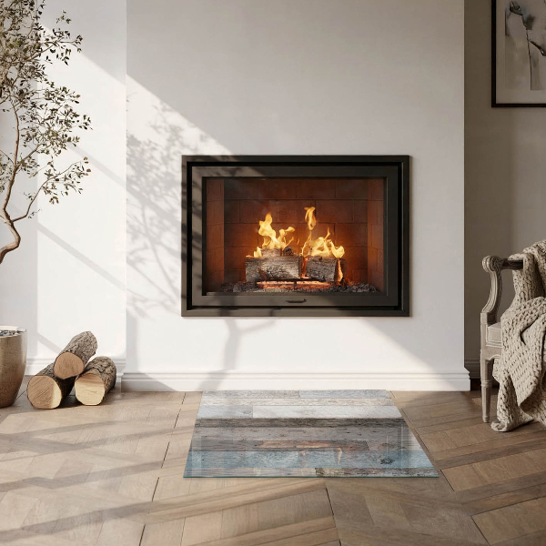 Kvadratisk glasskiva under braskamin Plankor i olika nyanser