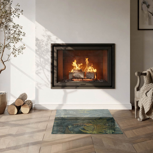 Kvadratisk glasskiva framför öppen spis Växtmotiv med fjärilar