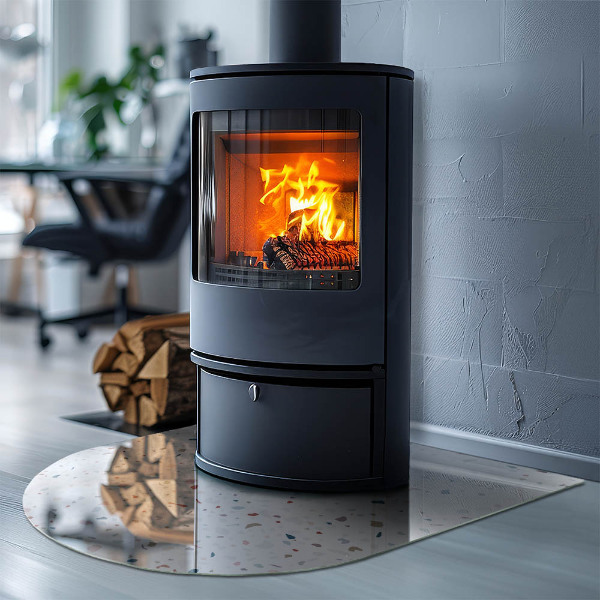 Halvoval glasskiva framför öppen spis Mönster med små former