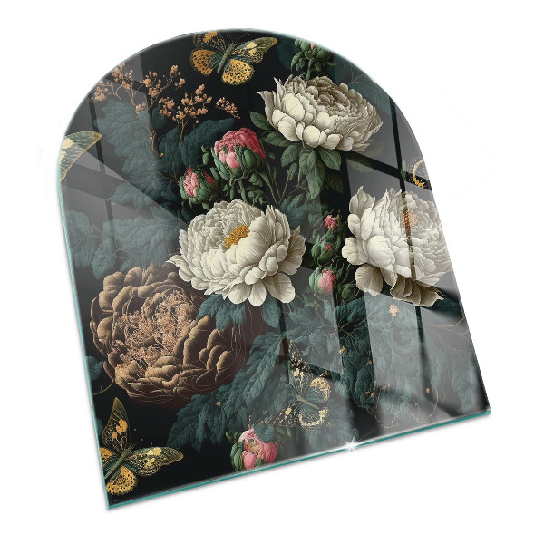Halvoval glasskiva under kamin Blommönster med fjärilar