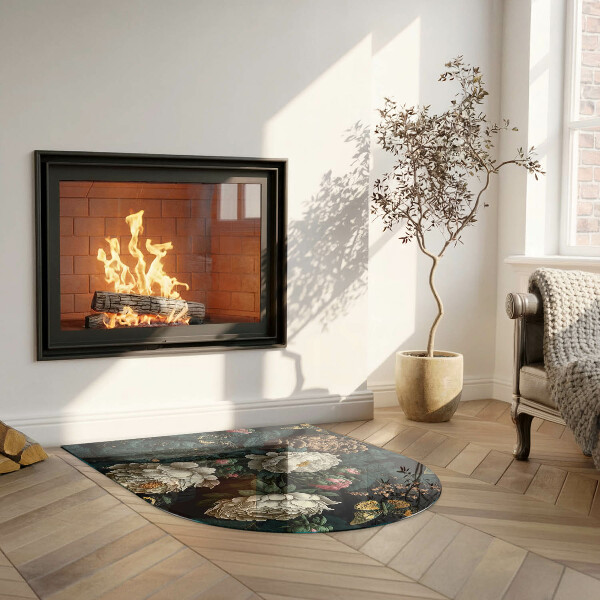 Halvoval glasskiva under kamin Blommönster med fjärilar