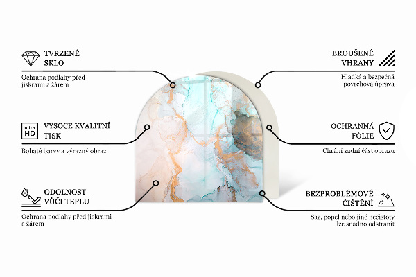 Halvoval glasskiva framför öppen spis Marmorådringar