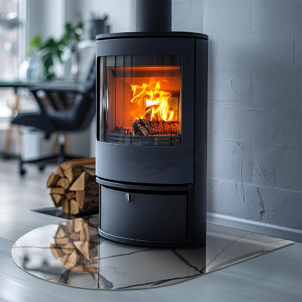 Halvoval glasskiva framför öppen spis Marmorådringar