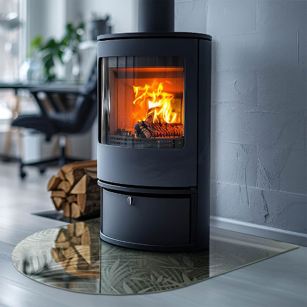 Halvoval glasskiva under kamin Tropiska blad i bakgrunden