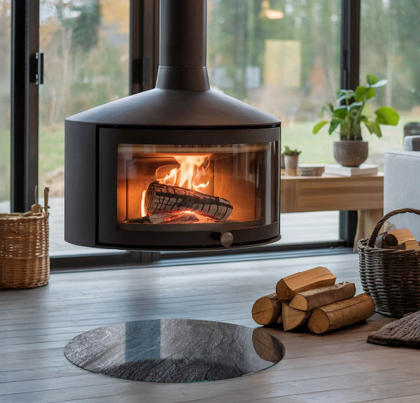 Runda glasskiva framför öppen spis Stenytans struktur