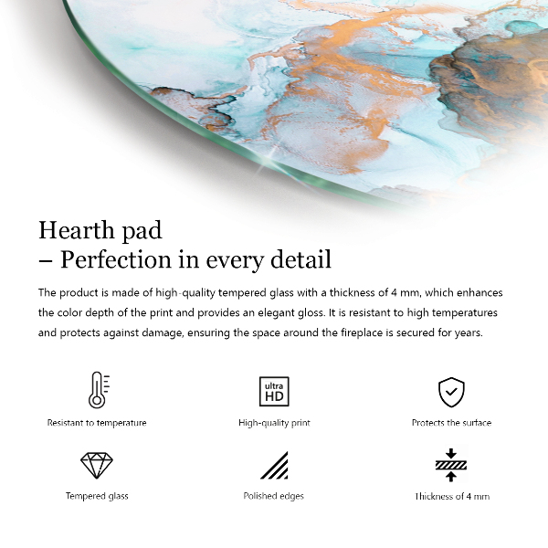 Runda glasskiva framför öppen spis Delikat marmormönster