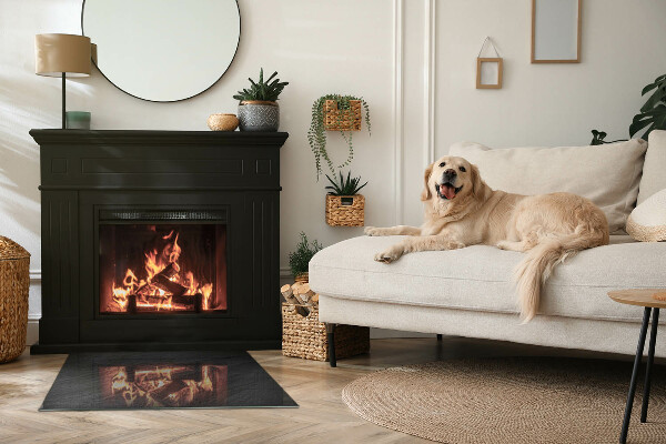 Rektangulär glasskiva framför öppen spis Naturlig stenstruktur