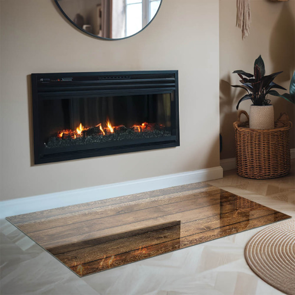 Rektangulär glasskiva under braskamin Träplank med årringar