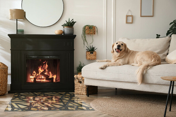 Rektangulär glasskiva framför öppen spis Geometri med trä