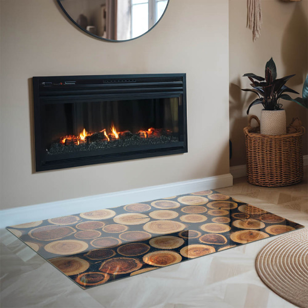 Rektangulär glasskiva framför öppen spis Låda med sågat trä