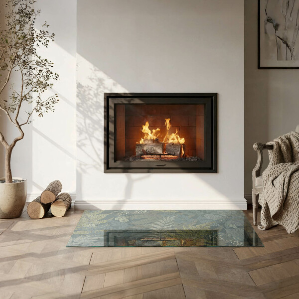 Rektangulär glasskiva framför öppen spis Växtmotiv med fjärilar