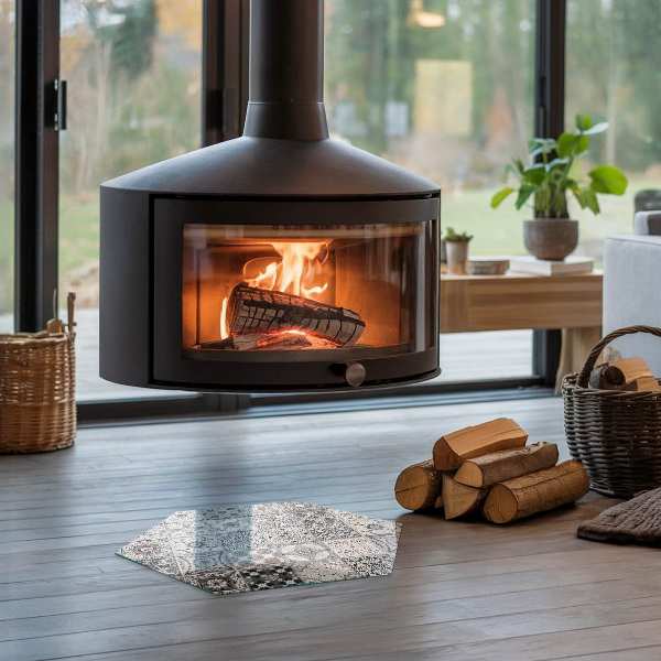 Sexhörning glasskiva under kamin Mönster av dekorativa kakelplattor