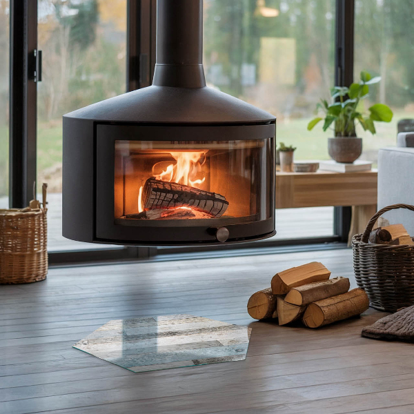 Sexhörning glasskiva under kamin Plankor i olika nyanser