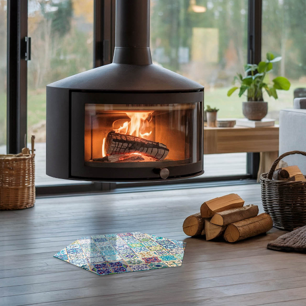 Sexhörning glasskiva under kamin Mosaikmönster på kakel