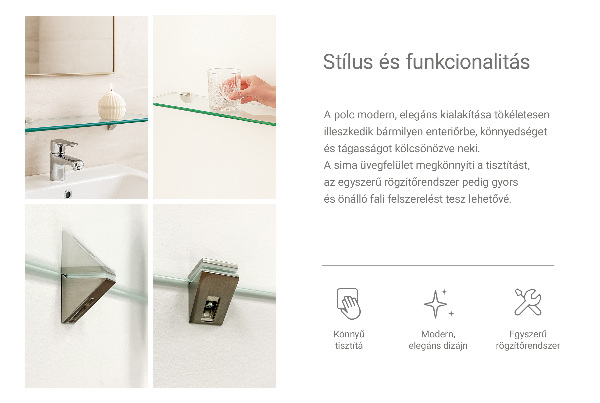 Rektangulär glashylla för vägg 70x13 cm