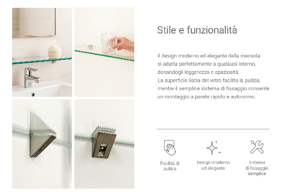 Rektangulär glashylla för vägg 70x13 cm